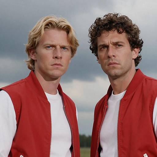 Two Men in Red Jackets with Intense Expressions