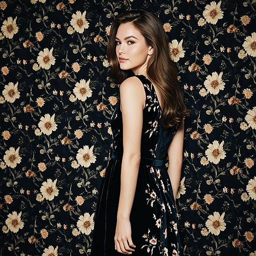 Woman in Black Velvet Floral Dress with Matching Wallpaper