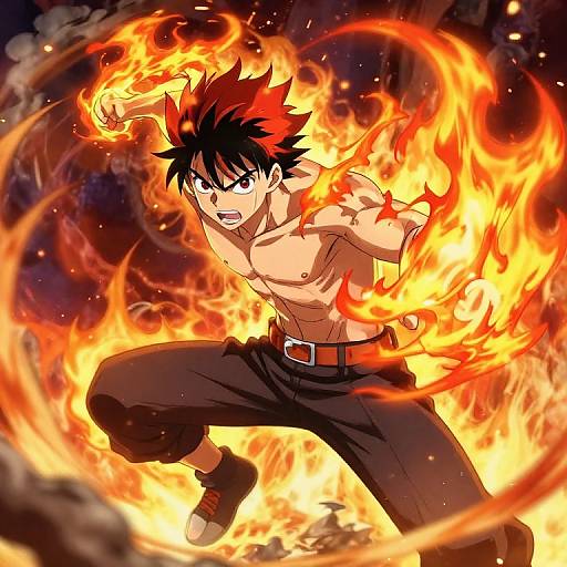 Anime-style drawing of a muscular, shirtless young man with black and red spiky hair, surrounded by fiery orange and yellow flames, in a dynamic