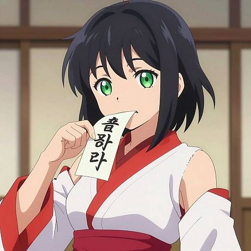 Anime-style digital drawing of a green-eyed, black-haired girl in a white and red Japanese kimono, holding a paper with Japanese characters in her mouth