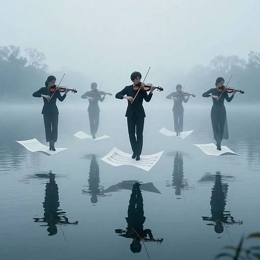 Photograph of five silhouetted violinists in black suits, playing on floating white sheets, standing on calm, reflective water, shrouded