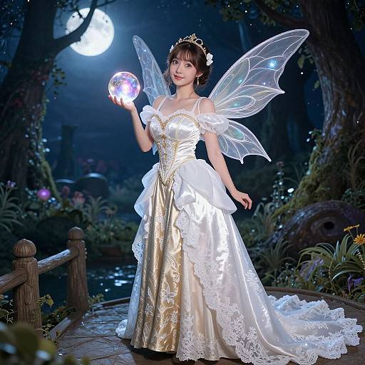 Photograph of an Asian woman in a fairy-like, white lace and gold dress with translucent wings, holding a glowing orb, in a moonlit enchanted