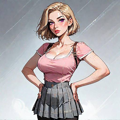 Stylish Blonde Woman in Pink Crop Top and Plaid Skirt