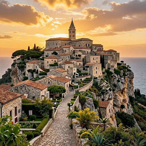 Photograph of a picturesque Mediterranean village at sunset, featuring stone buildings with red-tiled roofs, a central bell tower, and a coastal cliff backdrop,