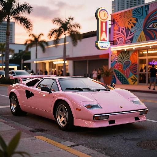Photograph of a sleek, pink Ferrari 348 parked on a vibrant, neon-lit street at sunset, with palm trees and colorful graffiti in the