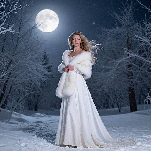Photograph of a blonde woman in a white fur-trimmed gown, standing in a snowy forest at night under a full moon.