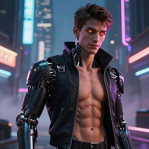 Neon Cyborg Portrait in Futuristic City