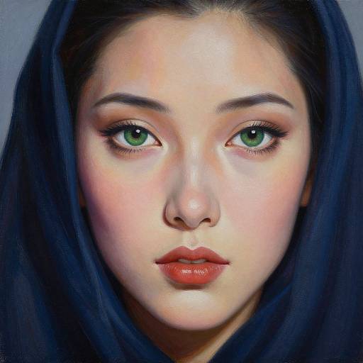Digital portrait of an East Asian woman with striking green eyes, full lips, and black hair, featuring realistic, detailed, and hyper-realistic art style