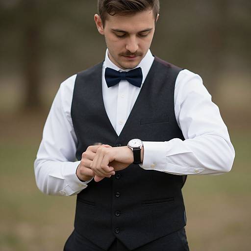 Photograph of a young man in a black vest, white shirt, and black bow tie, adjusting his wristwatch outdoors. Blurred greenery in