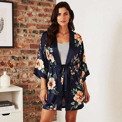 Photograph of a young woman with long dark hair, wearing a navy floral robe over a white top, standing against a brick wall in a brightly lit