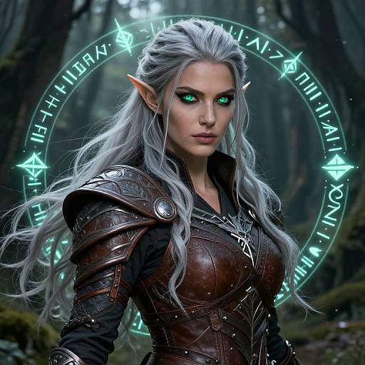 Digital art of a silver-haired, green-eyed elf woman with pointed ears, wearing dark leather armor, glowing runes circle her head in a mystical forest.