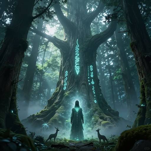 Digital art: Mysterious hooded figure stands before glowing, ancient tree in misty forest, illuminated by blue runes, with two deer nearby.