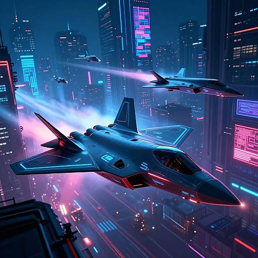 Digital artwork of neon-lit cityscape at night, featuring three futuristic jets flying in formation, emitting bright blue and pink laser beams. Tall buildings with