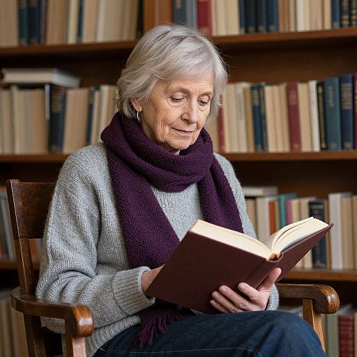 Photograph of an elderly woman with short gray hair, wearing a gray sweater, dark scarf, and black pants, reading a book in a book-filled