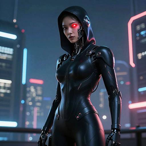 Cybernetic Assassin in Neon Cityscape