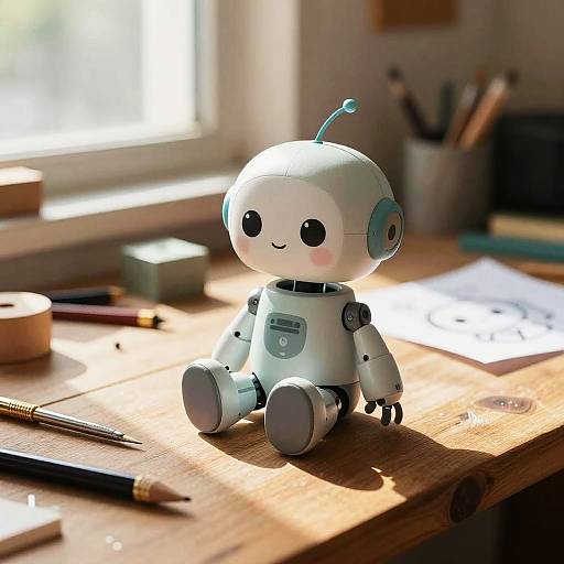 Photograph of a cute, white, cartoon-style robot toy with blue antenna, sitting on a wooden desk in sunlight, surrounded by pencils, paper,