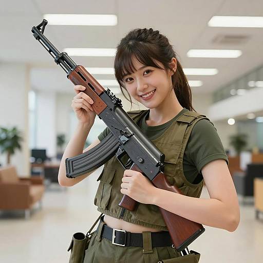 Playful Portrait of Woman with AK-47