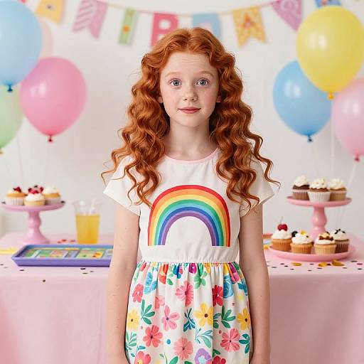 Photograph of a young red-haired girl with curly hair, wearing a white rainbow shirt and floral skirt, standing in a brightly decorated party room with colorful