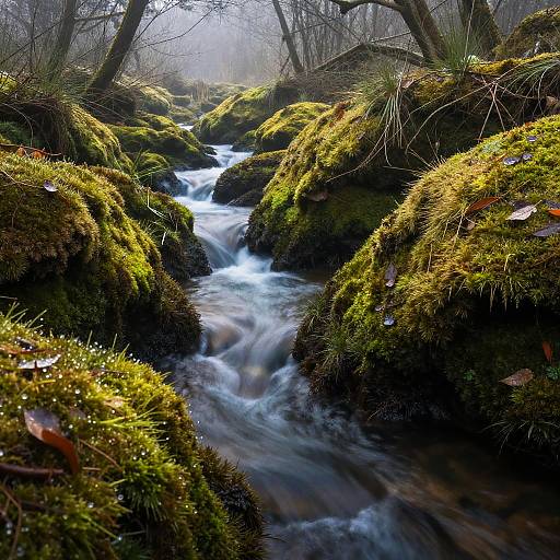 Photograph of a moss-covered, sunlit forest stream with cascading water, surrounded by lush greenery and leaf-littered rocks, creating a