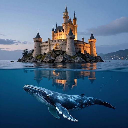 Photograph of a majestic castle illuminated at dusk, reflected in calm water, with a large blue whale swimming below.