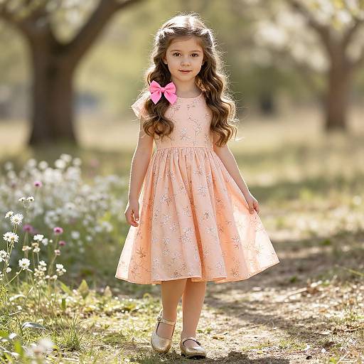 Photograph of a young girl with long brown hair, wearing a pink floral dress and pink bow, standing on a sunlit path in a blooming