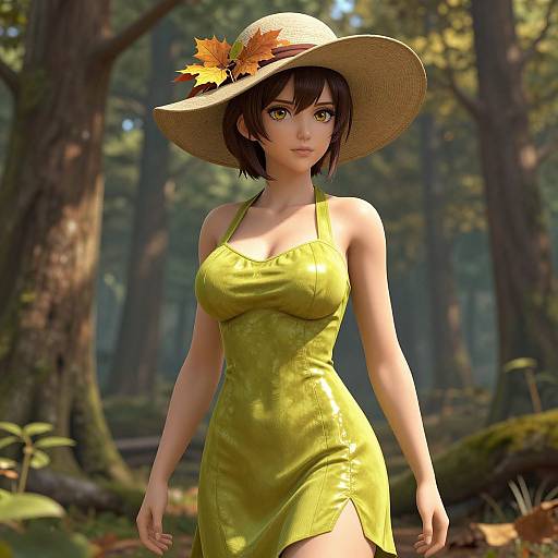 Digital art of a beautiful, anime-style woman with short brown hair, wearing a yellow dress and sunhat adorned with autumn leaves, standing in a sun