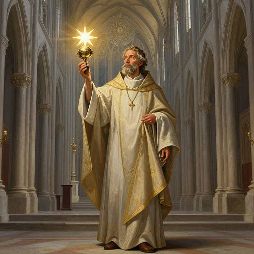 Photograph of a bearded elderly priest in ornate white and gold robes holding a glowing chalice in a grand, Gothic-style cathedral with tall arch