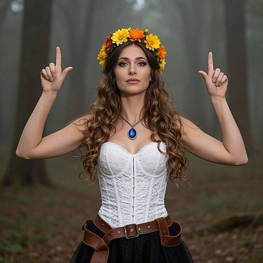 Photograph of a fair-skinned woman with long brown curls, wearing a white lace corset, yellow flower crown, blue pendant, black skirt,