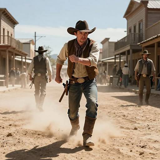 Photograph of a rugged, bearded cowboy in a black hat, white shirt, and brown vest, running through a dusty Western town, with two