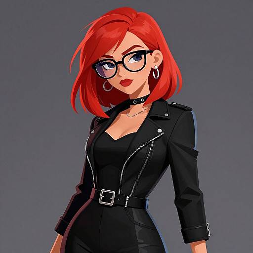 Digital anime-style drawing of a confident woman with bright red hair, black-rimmed glasses, black leather jacket, and earrings, smiling against a gray