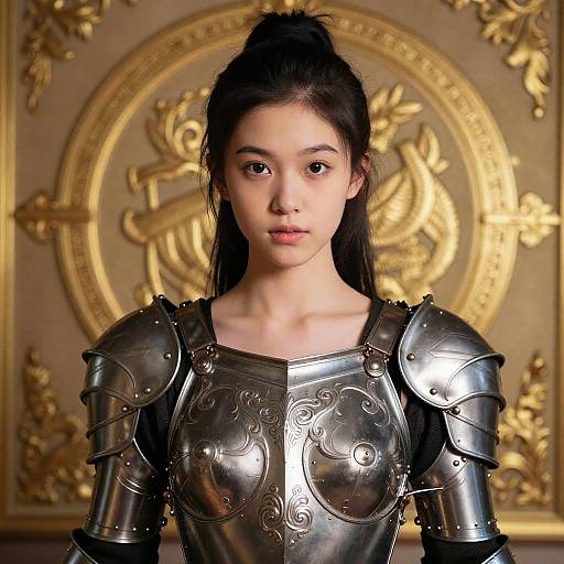 Photorealistic digital portrait of an Asian woman with long black hair, wearing intricate silver medieval armor, standing against a gold ornate wall panel.