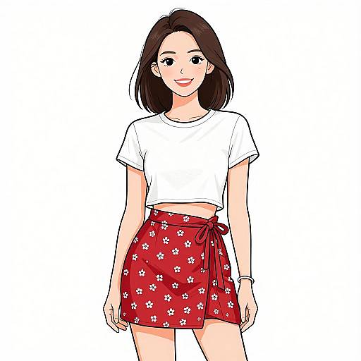 Digital anime-style drawing of a smiling young woman with straight brown hair, wearing a white crop top and red floral skirt with a tied waist, standing against