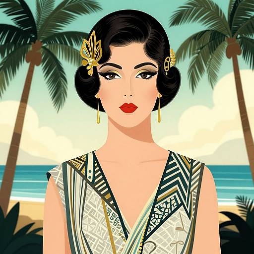 Digital illustration of a stylish woman with black, wavy hair, red lipstick, and gold butterfly hairpin, wearing a patterned dress, against a
