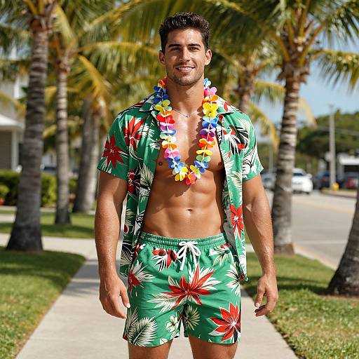 Photograph of a smiling, muscular man with short dark hair, wearing a green floral shirt and shorts, and a colorful lei, standing in a sunny