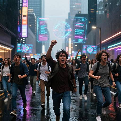Outraged Crowd in Cyberpunk City