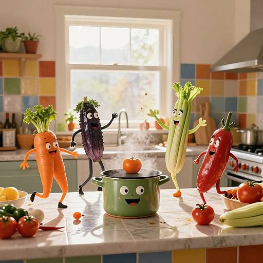 Photograph of cartoon vegetables: orange carrot, black bean, green celery, and red pepper with faces, standing on a kitchen counter with a pot,