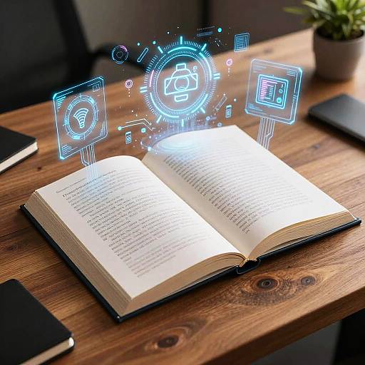 Photograph of an open book on a wooden table, with glowing blue digital icons (lock, clipboard, folder) floating above. Potted plant in