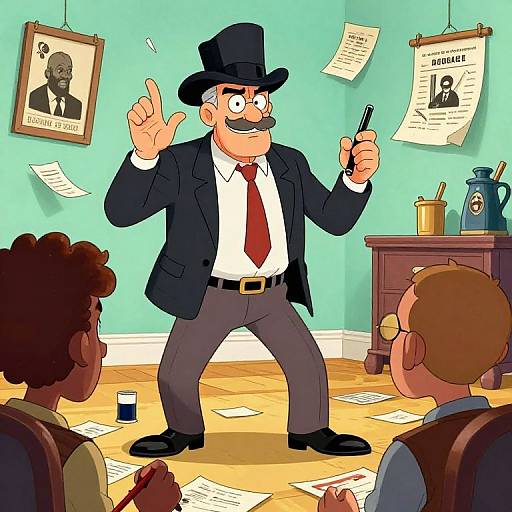 Cartoon of a mustachioed detective in black suit and hat, gesturing with a pen, standing in a cluttered office with Wanted posters