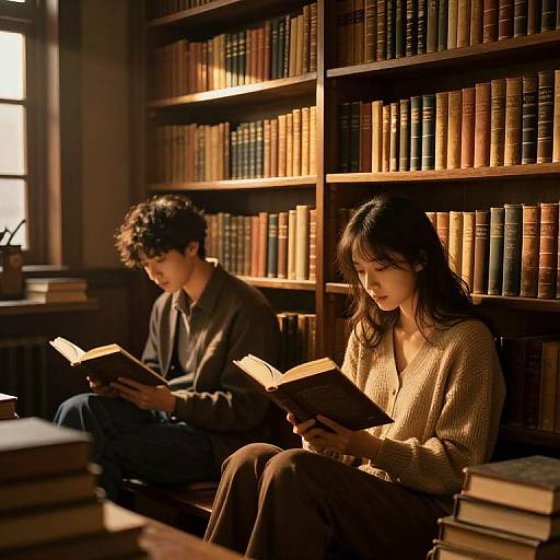 Photograph of a dimly lit library with warm sunlight; a young Asian man and woman, both reading books, sitting on wooden shelves filled with colorful