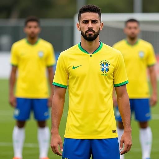 Photograph of three muscular Brazilian male soccer players in yellow jerseys and blue shorts, standing on a green field. Foreground player is bearded, intense