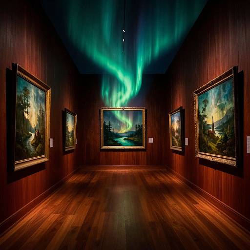 Photograph of an art gallery with wooden walls and floor, showcasing four framed landscape paintings illuminated by vibrant green northern lights.