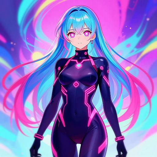 Digital anime-style drawing of a blue-haired girl with long hair, pink eyes, wearing a black, neon-pink bodysuit, standing against a
