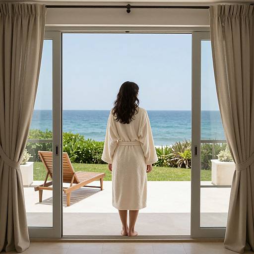 Photograph of a woman in a white robe, standing barefoot on a balcony, facing a bright, ocean views, with beige curtains framing the scene