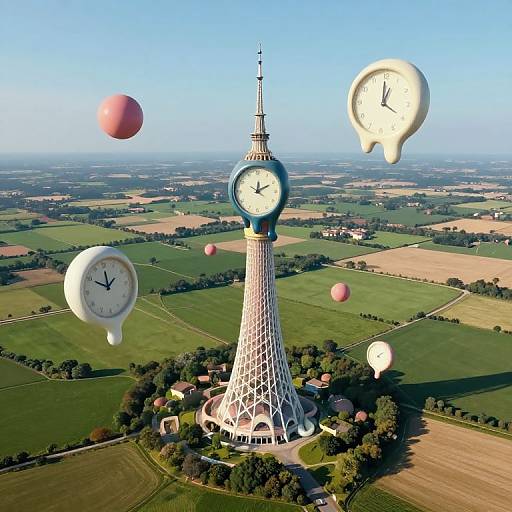 Aerial photograph of a tall clock tower with white lattice design, surrounded by floating clock and balloon shapes, over a patchwork of green and brown fields