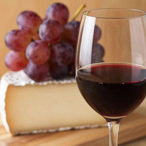 Photograph of a glass of red wine in the foreground, with a bunch of purple grapes on a cheese block in the blurred background. Warm, rustic