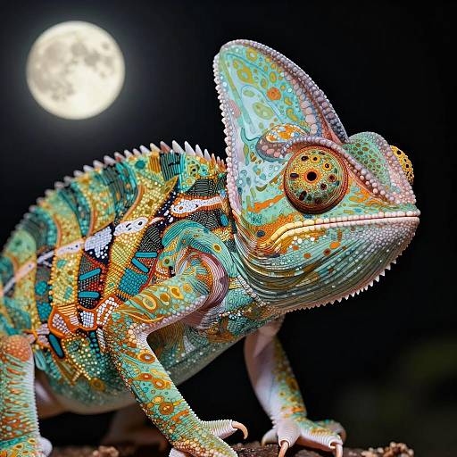 Macro Shot of Colorful Chameleon with Moonlight
