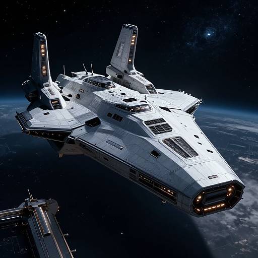 Futuristic Cruiser Docked at Space Station