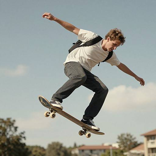 Photograph of a young man with curly brown hair, wearing a white shirt, black pants, and backpack, mid-air skateboarding against a clear blue