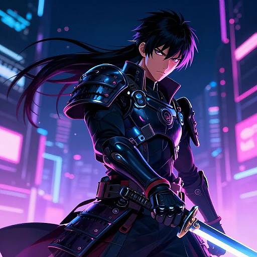 Cyberpunk anime warrior with black hair and piercing blue eyes, wearing shiny black armor, holding glowing blue sword, neon-lit cityscape background.