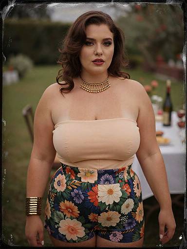 Photograph of a plus-size woman with fair skin, wavy brown hair, wearing a strapless beige top and floral high-waisted shorts,